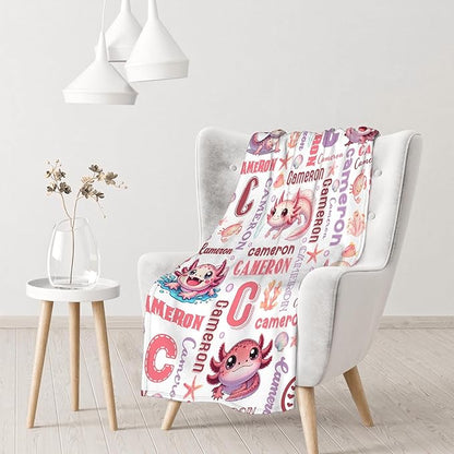 Personalized Baby Blanket for Girls Boys Kids Axolotls Custom Baby Blanket with Name Throw Birthday Gift for Toddlers Infants Shower Newborns Nursery Stroller Crib Bed Decor