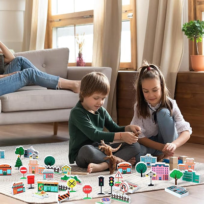 Kathfly 36 Pcs Wooden Community Helpers Community Wooden Toy Preschool Little Professionals Buildings Block Set Multicultural Buildings, Creative Play for Social Learning Educational Model