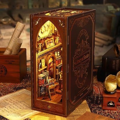 Book Nook Kit, DIY Dollhouse Booknook Bookshelf Insert Decor Alley, DIY Book Nook Miniature Kit with Lights, 3D Wooden Puzzle Decorative Bookend Miniature Model Kits for Kids/Adults