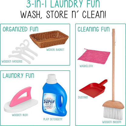 Lil’ Jumbl Kids Washer and Dryer Playset, Wooden Children's Pretend Laundry Set, Includes Broom, Dustpan, Iron, Hangers & Basket, Realistic Laundry Room for Kids - Pink