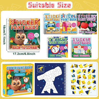 6Pcs Back to School Paint by Sticker Books Back to School Sticker by Number Books Activity Book Puzzle Book Craft Art Gift with School Bus Apple Owl Alarm 48 Pictures Party Favors