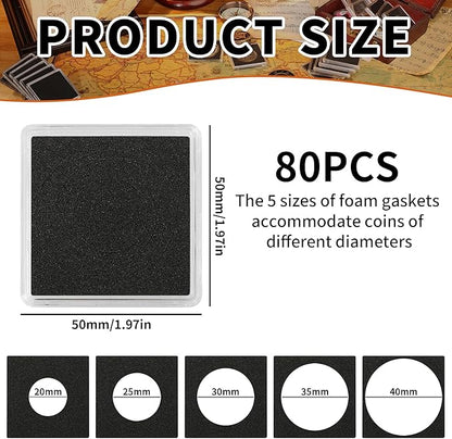 Uncle Paul 80 PCS Coin Capsules, Coin Snap Holders with 5 Sizes Black Gaskets 20/25/30/35/40mm, Clear Coin Cases for Coin Collection Supplies Silver Dollar Pounds Cents