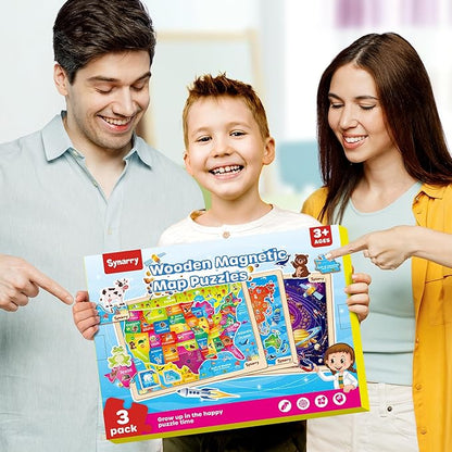 SYNARRY Large USA World Solar System Wooden Magnetic Puzzles for Kids Ages 4-6, Wood Puzzles Educational Games Toys Gifts for Toddlers, United States World Planet Space Map for Boys Girls Ages 3-5 4-8