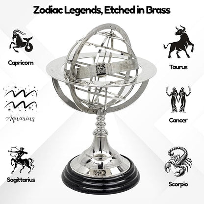 Antique Vintage Zodiac Armillary Brass Sphere Globe Wooden Display | Pirate's Antique Ship Decor | Nagina International (Medium, Nickel Plated)