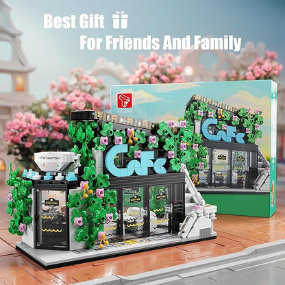 Flower Coffee Shop Building Block Set with LED Lights,STEM Cafe House Building Toys,Coffee Garden House Architecture Model,Birthday Gift for Adults Boys Age 8-12(564Pcs)
