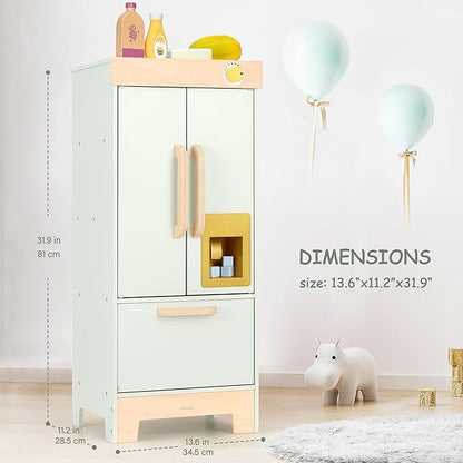 Wooden Play Refrigerator with Ice Maker – Mint Green Kids Fridge Toy, 4 Wooden Ice Cubes & Cup, Quiet Click Handle, Montessori Pretend Play for Toddlers 3+