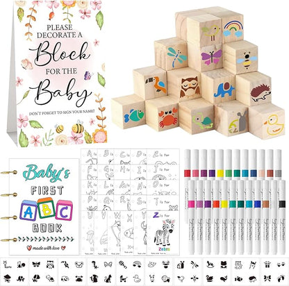 146 Pcs Baby Shower Game Sign Set Includes Decorative Square 56 DIY Blank Wooden Blocks 24 Paint Markers 27 Page Baby‘s First ABC Book (Flower)