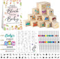 146 Pcs Baby Shower Game Sign Set Includes Decorative Square 56 DIY Blank Wooden Blocks 24 Paint Markers 27 Page Baby‘s First ABC Book (Flower)
