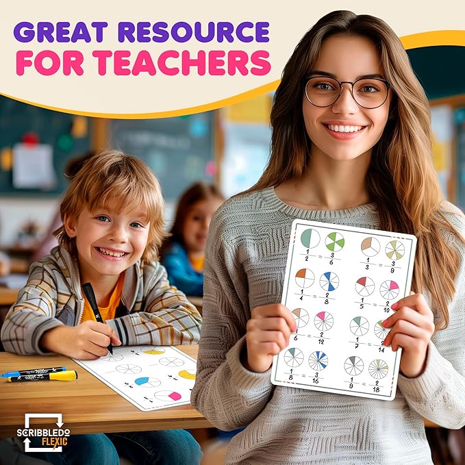 SCRIBBLEDO Fraction Manipulatives 9”x12” Small White Board Dry Erase Sheets Math Manipulatives 1st Grade Students 2nd Grade Fractions Homeschool Supplies Teacher Classroom Pack of 10 Sheets