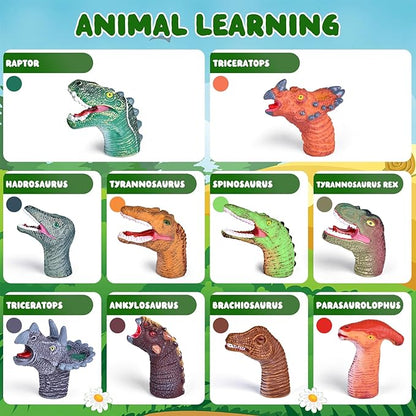 Fun Little Toys 10 Pcs Dinosaur Head Finger Puppets, Best Choice for Party Favors, Stocking Stuffers, Pinata Fillers and Goodie Bag Fillers