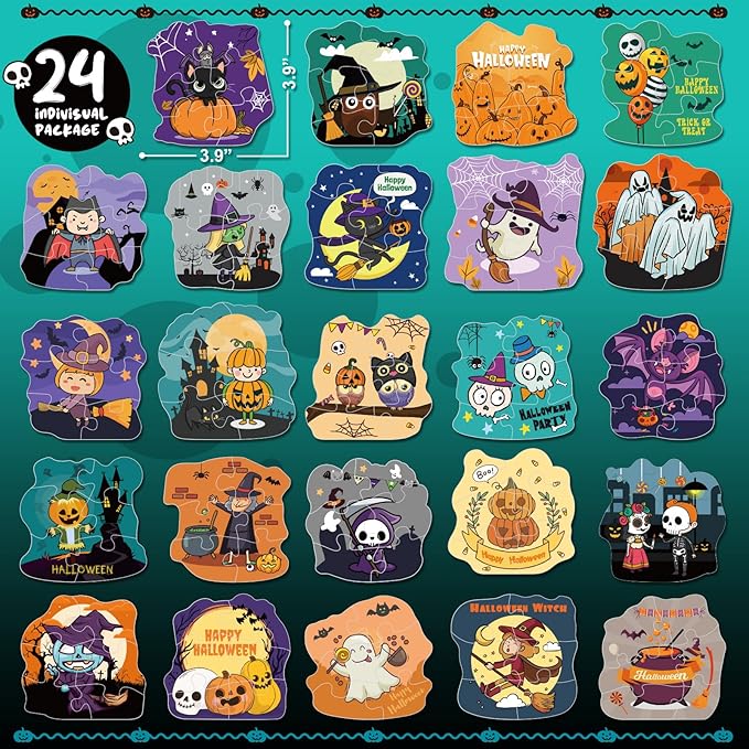 Halloween Party Favor for Kids - 24 Pack Jigsaw Puzzles in Theme Designs for Trick or Treating, Goodie Bag Filler, Miniatures Novelty Toy, School Classroom Rewards