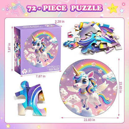 72 Pieces Shimmery Jumbo Unicorn Floor Puzzle for Girls 3-5 4-6 Age Floor Puzzles for Boys and Girls Large Round Floor Jigsaw Puzzles (Unicorn)