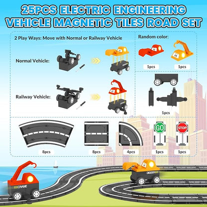 Magnetic Tiles Roads Engineering Vehicle Set, Magnetic Blocks Road Truck Car Toys for 3 4 5 6 Year Old Boys Girls, Cars Games Classroom Montessori Toys for Kids, Educational STEM Toy Birthday Gifts