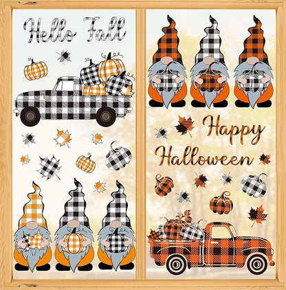 Whaline 9 Sheet Fall Halloween Window Clings Plaid Gnome Pumpkin Truck Maple Leaf Reusable Window Decals for Autumn Thanksgiving Harvest Party Home School Decor
