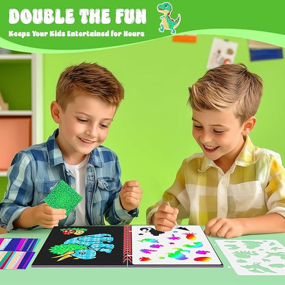 homicozy Art & Craft Activity for Kids - Foil Fun Dinosaurs & Scratch Art Book 2-in-1, No Mess Art Crafts for boys,DIY Creative Activity Kit,Gifts for Boys and Girls Ages 4, 5, 6, 7, 8, 9, Travel Toys
