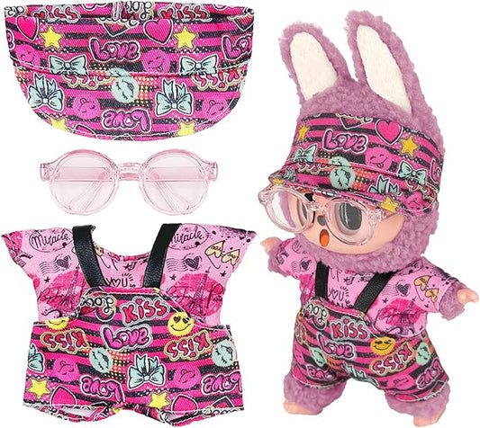 17cm Clothes Set (NO Doll) 4PC Set Hat Glasses Overalls for 17cm Accessories Suit, Doll Clothing for Trendy Blind Box，Cute Clothes for LBB Doll Dress up Unique Style,Free Combination (Love)