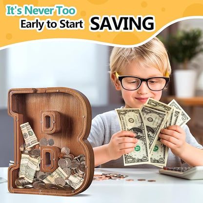 Summidate Customized Name Extra Large Wooden Piggy Bank for Kids Boys Girls Alphabets Letter A-Z Coins Bills Money Change Saving Box (Laser Engraved) Educational Toys 12"- Letter B