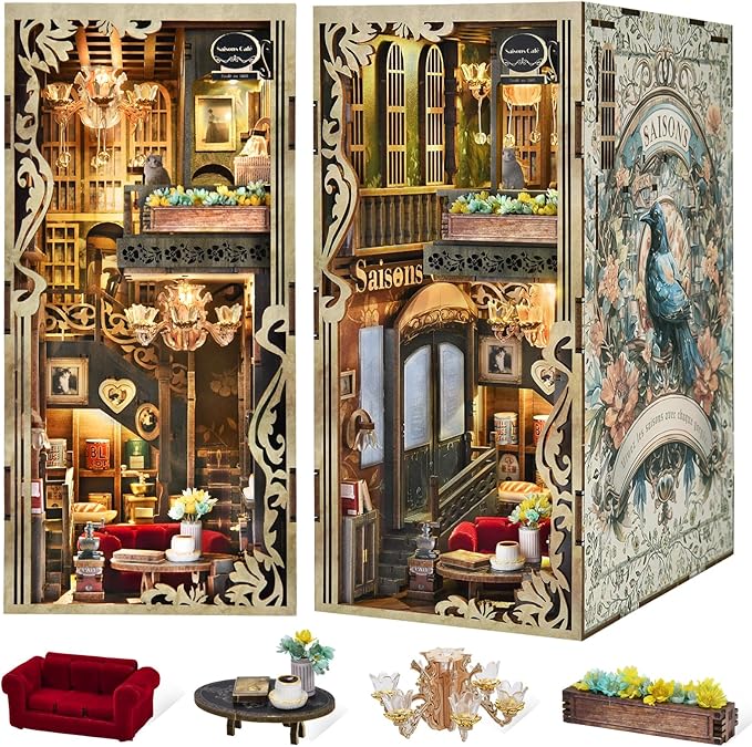 Book Nook Kit, DIY Miniature Dollhouse Book Nook Kit with Dust Cover and LED Light for Teens and Adults (Saisons Café)