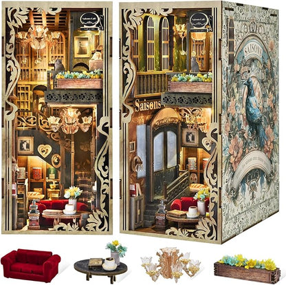 Book Nook Kit, DIY Miniature Dollhouse Booknook Kit, 3D Wooden Puzzle Bookend Bookshelf with LED Light for Adults Teens (Saison Café)