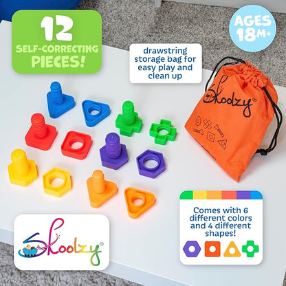 Skoolzy Rainbow Lacing Beads & Nuts and Bolts - 24 Piece Shape Sorter and 37 Piece Color Recognition Montessori Toy Sensory Bundle for 36+ Months Toddlers & Occupational Therapy Fine Motor Skills Game