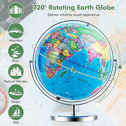 COSTWAY Illuminated World Globe, 13” Desktop Geographic Globe w/LED Light & Easy-to-Read Clear Map for Students, 720° Rotation Decoration, Educational Interactive Globe for School, Classroom