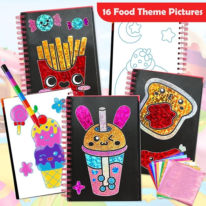 FUNNYB&G Foil Art Craft Activity for Kids - Gift for Girls Crafts for Kids Fun Art Supplies DIY Creative Travel Toy, Birthday Gift Party Favor Toys for Girls Boys 4 5 6 7 8 9 Years Old (Food)
