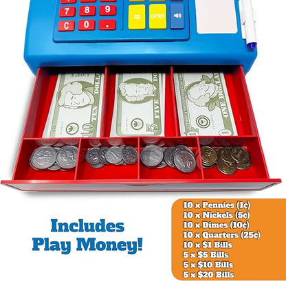 Dr. STEM Toys Solar Powered Calculator Pretend Cash Register with Play Money – 67-Piece Set for Learning Math Skills, STEM Cash Register for Kids (Blue)