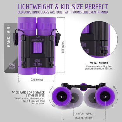 BeBison Binoculars for Kids and Adults - 8x21 High Resolution Real Optics - Compact Folding Shockproof Kids Binoculars for Bird Watching - Spy Games - Outdoor Play for Boys and Girls