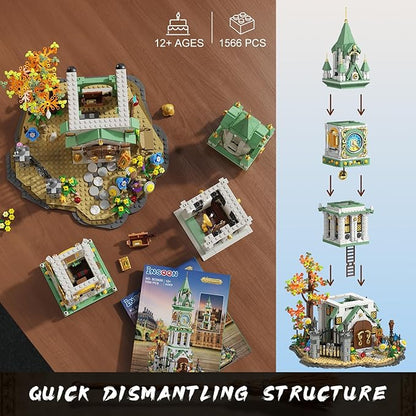 Magic Clock Tower Building Set with Light, 1566 PCS Big Medieval Castle House Construction Model with Owl & Garden, Home Decor Building Block Kit, for Adults Teens Boys Girls 12+