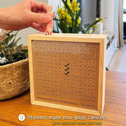 Money Saving Box with 10,000, 5000, 3000 Dollars Target, Money Vault Savings 10k, 5k, Savings Challenge Box with Money Target and Numbers, Cash Vault Wooden Savings Box
