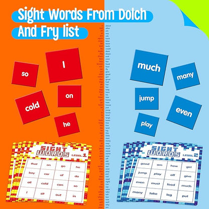 Sight Word Bingo Game, 144 Sight Words Learn to Read Level 1 & Level 2 Bingo Board Game Dolch's & Fry's Words Lists for Kindergarten and Preschool, Grade 1st, 2nd, Kids 4-8 (Up to 25 Players)