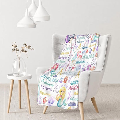 Personalized Baby Blanket for Girls Boys Kids Mermaid Custom Baby Blanket with Name Throw Birthday Gift for Toddlers Infants Shower Newborns Nursery Stroller Crib Bed Decor
