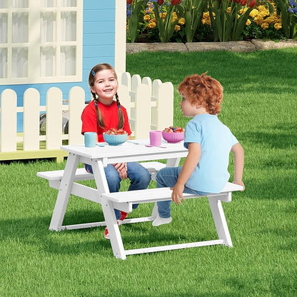 Costaelm Kids Picnic Table, HDPE All Weather Outdoor Toddler Picnic Table and Chair Set Kids Bench for Patio, Backyard, Garden, Lawn, White