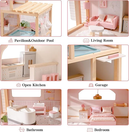 ROBOTIME Wooden Dollhouse, Doll House with 29 Pieces Furniture Set - Pool and Elevator, Wooden Doll House for 4, 5, 6-Inch Dolls, 6 Rooms Pink Dollhouse Gift for Kids Girls Ages 3+ (Pink)