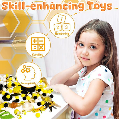 Hiawbon Bee Sensory Bin Tools, Wooden Sensory Tool Sets, Bee Growth Cycle, Honeycomb Model, Bee Themed Pom Pom Bee Sunflower Wooden Chip Scoops for Counting Sorting Hammering Pounding