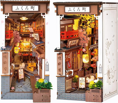 Rolife DIY Book Nook Kits for Adults, Miniature Dollhouse Booknook Kit, 3D Wooden Puzzle Creative Decorative Bookends Bookshelf Diorama Insert Crafts Hobbies Gifts (Sakura Wine Alley)