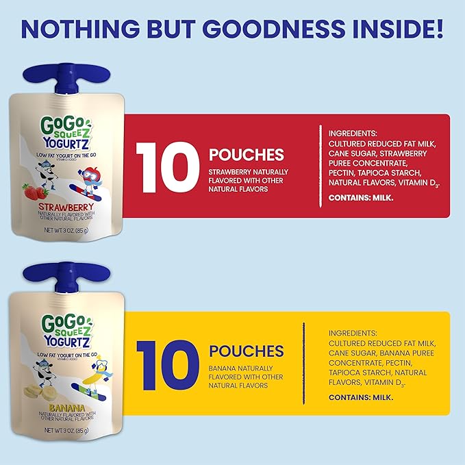 GoGo squeeZ yogurtZ Variety Pack, Strawberry & Banana, 3 oz (Pack of 20), Kids Snacks Made from Real Yogurt and Fruit, No Fridge Needed, Gluten Free, Nut Free, Recloseable Cap, BPA Free Pouches