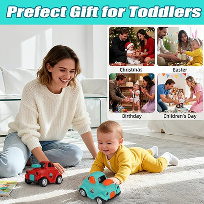 Inertial Push and Go Cartoon Car Toys for Toddlers 1-3, Friction Powered Race Vehicles for 6-9-12-18 Month, 1st Birthday Gift for 1-2 Year Old Boy Girl,Party Favor for Kids