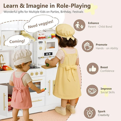 Kinder King Wooden Kids Play Kitchen, Toy Kitchen Playset for Toddler, Play Kitchen Set w/Real Sounds, Pretend Coffee Machine, Kitchen Hood, Sink, Ice Maker, Gift for Boys Girls Age 3+, White