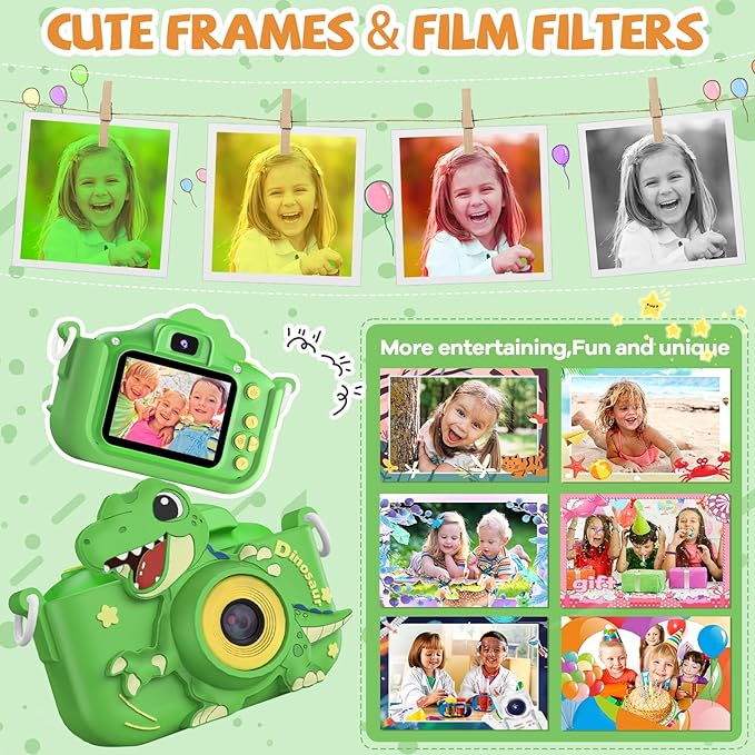 Upgraded 48MP Kids Camera for Girls Boys 3-12, Video Selfie Camera-Christmas Birthday Dinosaur Gift for Toddler, HD Digital Camera Toy for Child with 32GB SD Card & Silicone Cover (Green)
