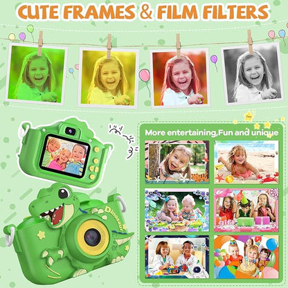 Upgraded 48MP Kids Camera for Girls Boys 3-12, Video Selfie Camera-Christmas Birthday Dinosaur Gift for Toddler, HD Digital Camera Toy for Child with 32GB SD Card & Silicone Cover (Green)