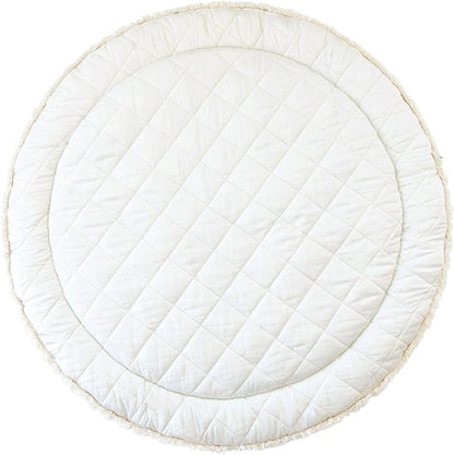 MakeMake Organics Organic Play Mat GOTS Certified Organic Cotton Nursery Floor Rug Washable Reversible Non Toxic Activity Mat Tummy Time Crawling Pad Thick Quilted (Round 48",Blue Stripes,Solid Ivory)
