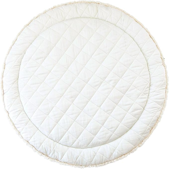 MakeMake Organics Organic Play Mat GOTS Certified Organic Cotton Nursery Floor Rug Washable Reversible Non Toxic Activity Mat Tummy Time Crawling Pad Thick Quilted (Round 48", Rainbow, White)