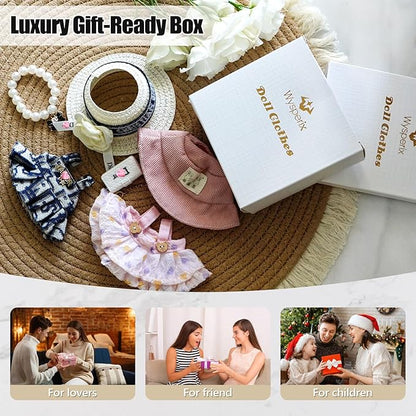 17cm Doll Clothes Set with Fashion Accessories - Premium Luxury Baby Doll Outfits & Designer Clothes Bundle, Unique Fashion Style Dresses with Hat & Pearl Necklace & Bag Accessories(Blue)