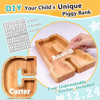 SummiDate Wooden Letter Piggy Bank| Piggy Bank for Boys Girls Toddler| Alphabet C Money Bank| Coin Bank Birthday Gift for Kids|Birthday Gift for Kids (C)