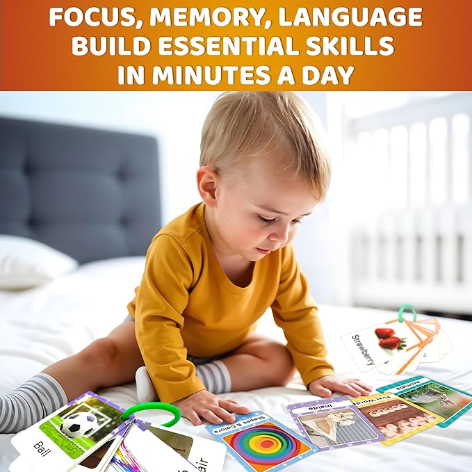 QUOKKA 225 Flash Cards for Toddlers 1-3 – Alphabet & First Words Flashcards with Rings – Toddler Educational Toys for Learning – Fun Big Size Letter Flashcards for Toddlers 3-5 Years