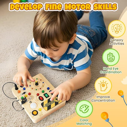 Montessori Busy Board, Wooden Sensory Toy for Toddler with LED Light, Educational Travel Toy, Christmas Birthday Gifts for Toddler