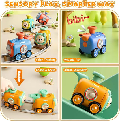 Baby Train Car Toys for Toddler 1-3, 4PCS Press to Go Push Car, Infant Play Whistle Vehicle Toy Set for 12-18 Months, 1st Birthday Christmas Easter Gifts for 1-2 Years Old Boys