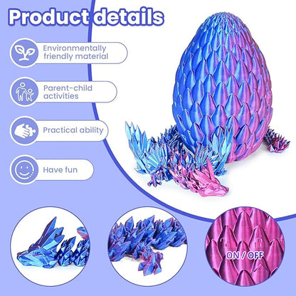 3D Printed Dragon Eggs with Articulated Fly Dragon Inside, Collectible Figurines Fidget Toy for Adults Kids Birthday Easter Christmas White Elephant Gifts for Friends Colleagues(Purple, L size)