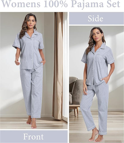 CF Womens 100% Cotton Pajamas Set Button Down Pjs Sets Short Sleeve Top & Long Pants Sleepwear Comfy Loungewear with Pockets